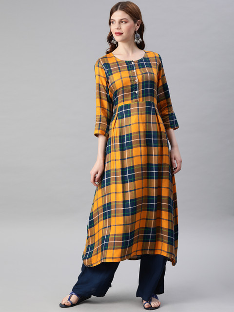 

Jaipur Kurti Women Mustard Yellow & Navy Blue Checked A-Line Kurta