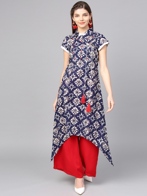 

Jaipur Kurti Women Navy Blue & Off-White Printed Asymmetric Hem A-Line Kurta