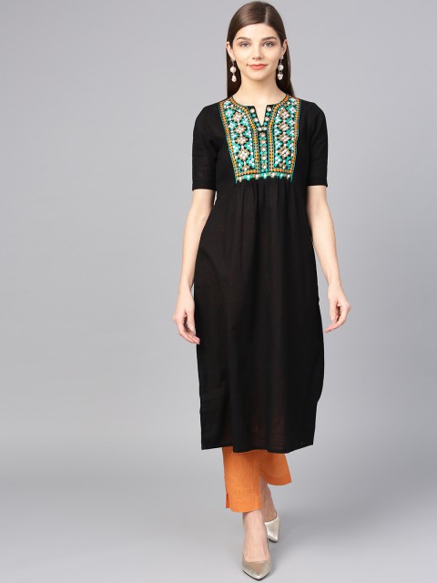 

Jaipur Kurti Women Black Yoke Design A-Line Kurta