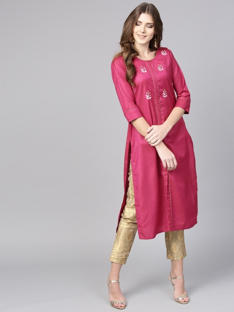 

Jaipur Kurti Women Pink Solid Straight Kurta with Embroidered Detail