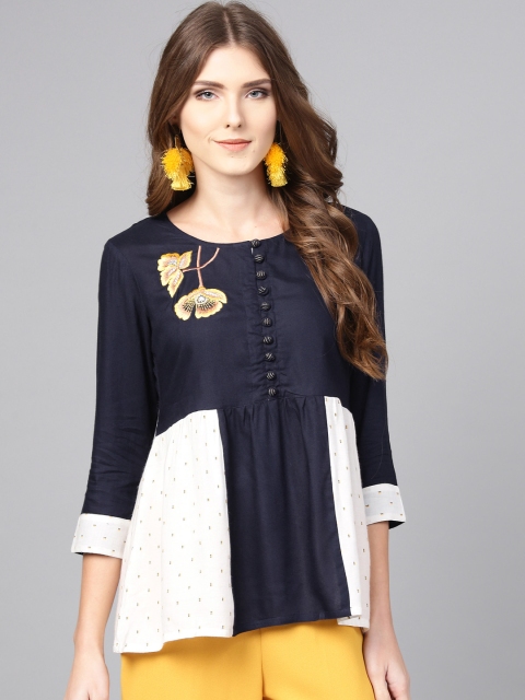 

Jaipur Kurti Women Navy Blue & White Colourblocked A-Line Top