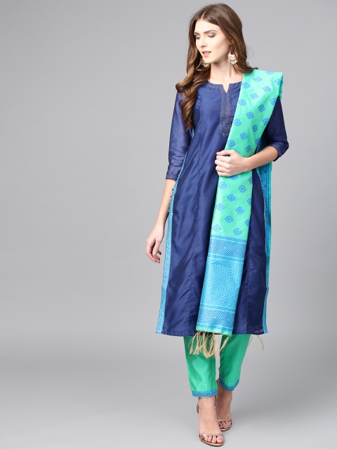 

Jaipur Kurti Women Navy Blue & Sea Green Solid Kurta with Trousers & Dupatta