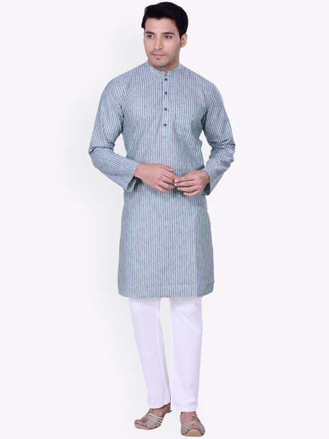

Manyavar Men Sea Green & Grey Striped Straight Kurta