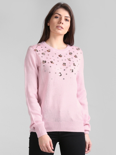 

GAP Women Embellished Long Sleeve Sweater, Pink