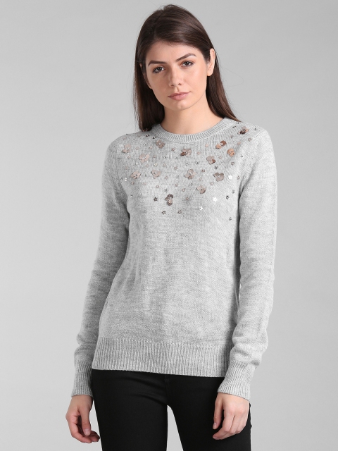 

GAP Women Embellished Long Sleeve Sweater, Grey