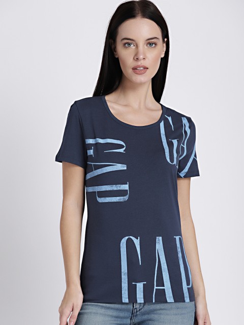 

GAP Women Navy Blue Short Sleeve Printed T-Shirt