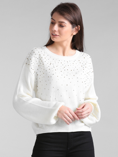 

GAP Women Embellished Long Sleeve Sweater, White