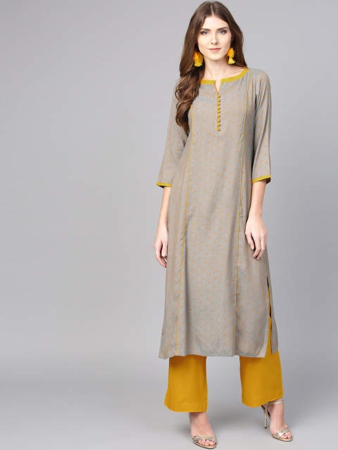 

Jaipur Kurti Women Grey & Mustard Yellow Self Design Kurta with Palazzos