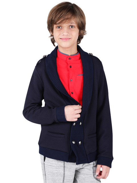 

One Friday Boys Blue Self Design Front-Open Sweater