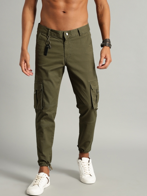 

Roadster Men Olive Green Regular Fit Solid Cropped Cargos