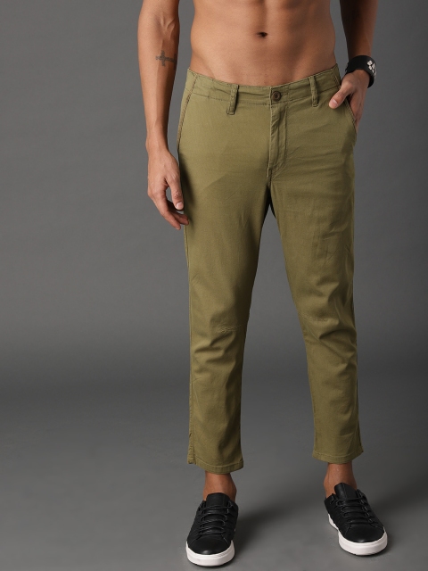 

Roadster Men Olive Green Slim Fit Solid Cropped Trousers