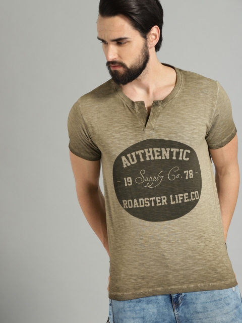 

Roadster Men Olive Green Printed Henley Neck Faded T-shirt