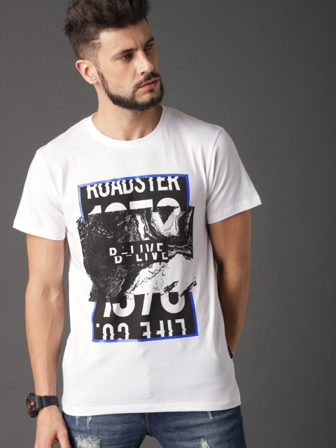 

Roadster Men White Printed Round Neck Pure Cotton T-shirt