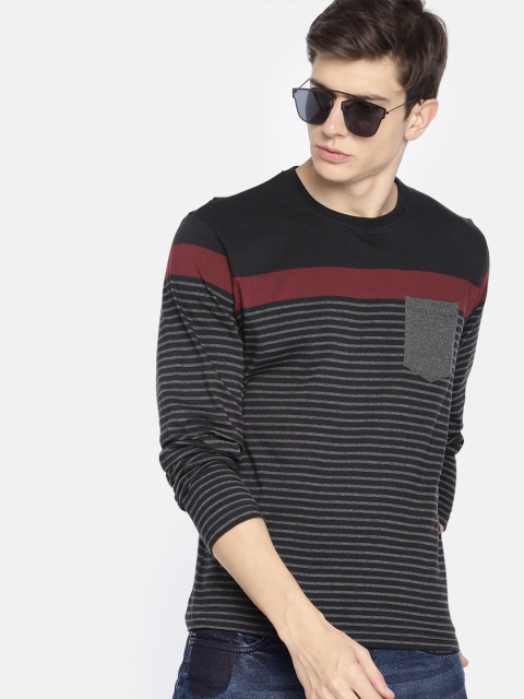 

Roadster Men Black & Grey Striped Round Neck T-shirt