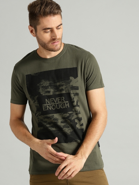 

Roadster Men Olive Green & Black Printed Round Neck T-shirt