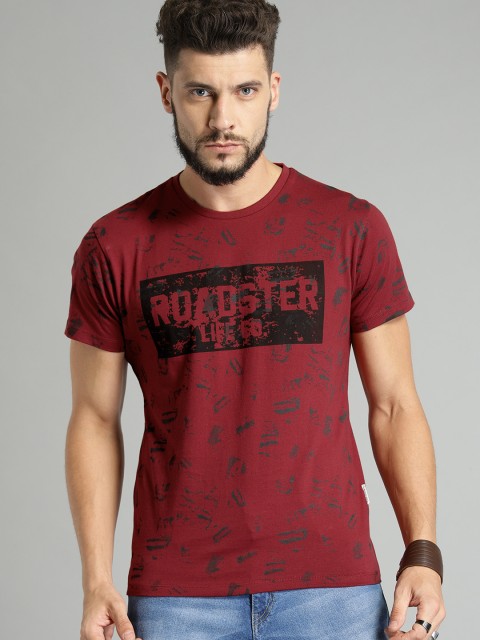 

Roadster Men Maroon All Over Printed Round Neck Pure Cotton T-shirt
