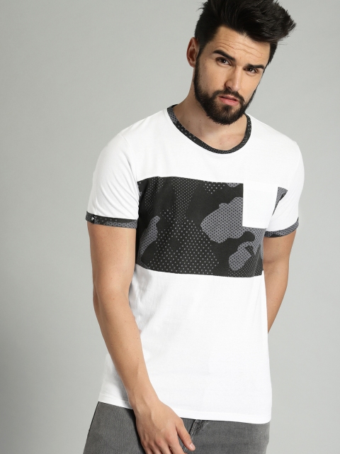 

Roadster Men White Black Camo Printed Round Neck Pure Cotton T-shirt