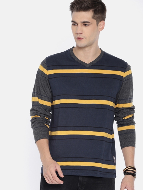 

Roadster Men Navy Blue & Mustard Yellow Striped V-Neck T-shirt