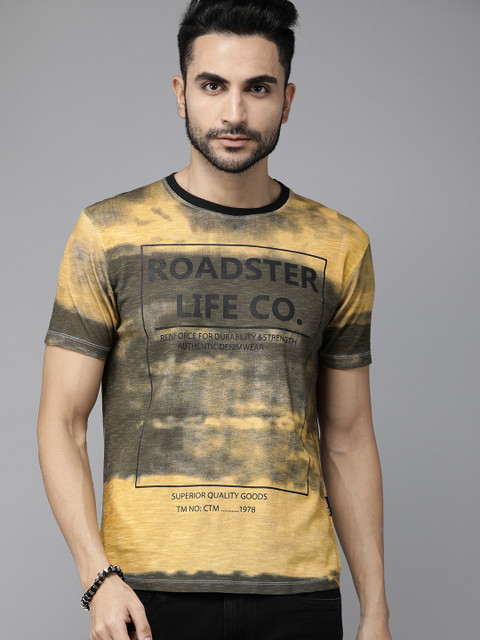 

Roadster Men Mustard Yellow & Olive Green Dyed Round Neck T-shirt With Printed Details