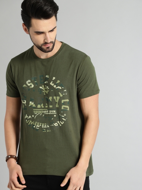 

Roadster Men Olive Green Printed Round Neck Pure Cotton T-shirt