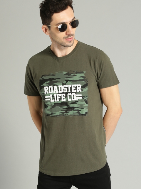 

Roadster Men Olive Green Camo Print Round Neck T-shirt