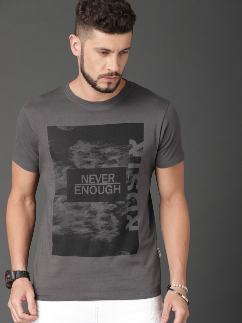 

Roadster Men Charcoal Black Printed Round Neck Pure Cotton T-shirt