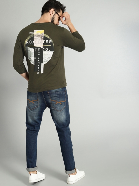 

Roadster Men Olive Green Printed Round Neck T-shirt