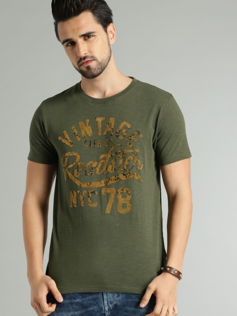 

Roadster Men Olive Green Printed Round Neck T-shirt