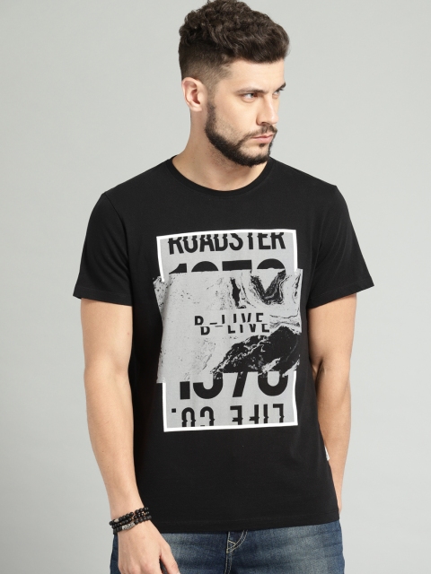 

Roadster Men Black Printed Round Neck Pure Cotton T-shirt