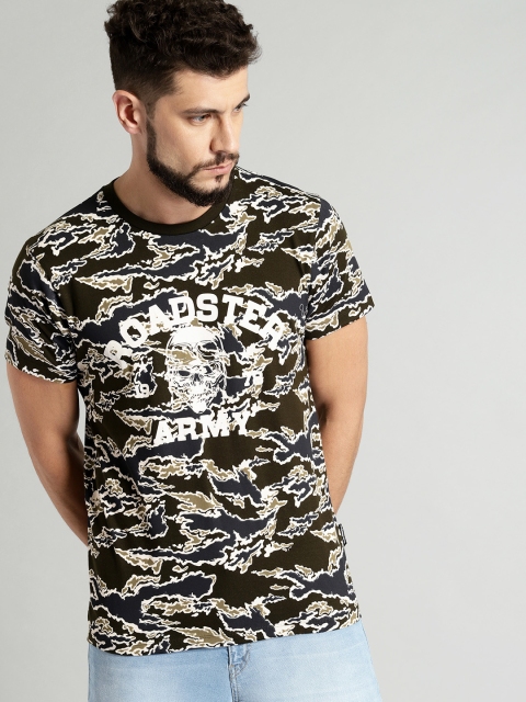 

Roadster Men Olive Green & Off-White Camo Print Round Neck T-shirt