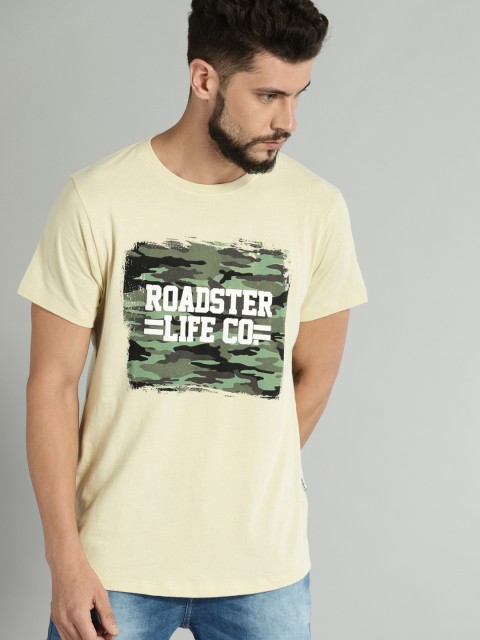

Roadster Men Beige Olive Green Camo Print Round Neck Pure Cotton T-shirt