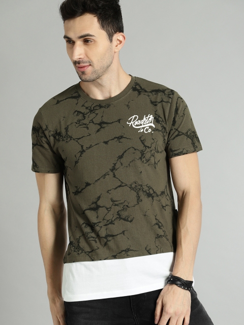 

Roadster Men Olive Green & Black Textured All Over Print Round Neck T-shirt