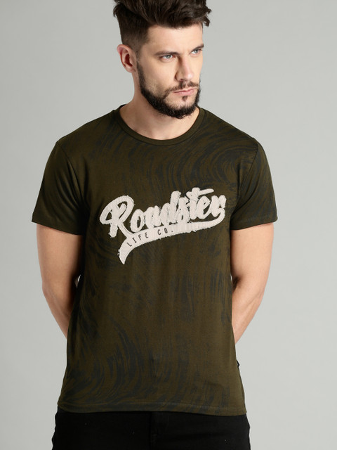 

Roadster Men Olive Green Textured All Over Printed T-shirt