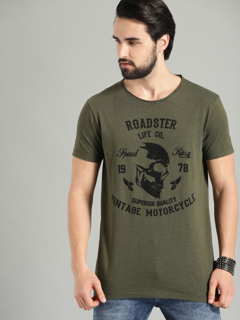 

Roadster Men Olive Green Printed Round Neck T-shirt