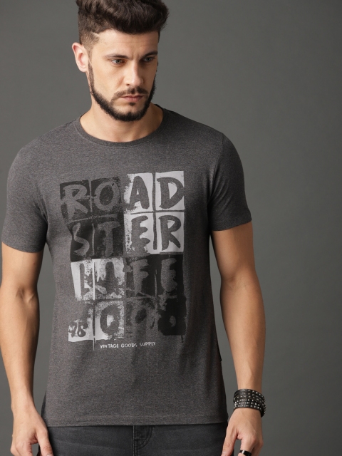 

Roadster Men Charcoal Grey Printed Round Neck Brand Carrier T-shirt