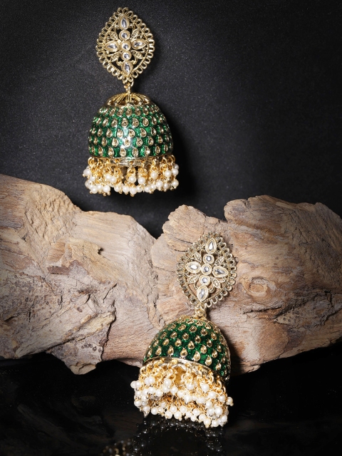 

Zobby Green Gold-Plated Kundan Dome-Shaped Handcrafted Jhumkas