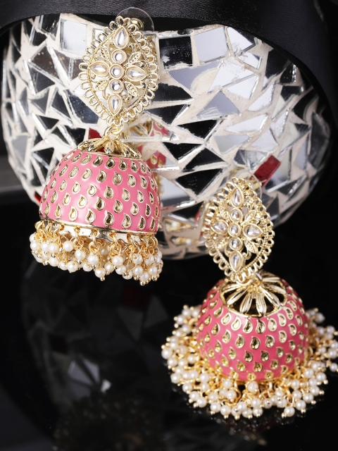 

Zobby Pink Gold-Plated Kundan Dome-Shaped Handcrafted Jhumkas