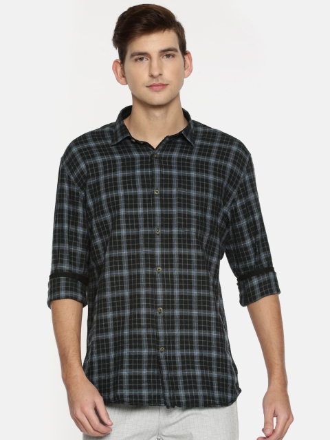 

British Club Men Charcoal Grey & Black Slim Fit Checked Casual Shirt