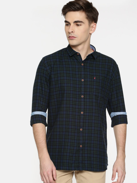 

British Club Men Navy Blue & Green Slim Fit Checked Casual Shirt