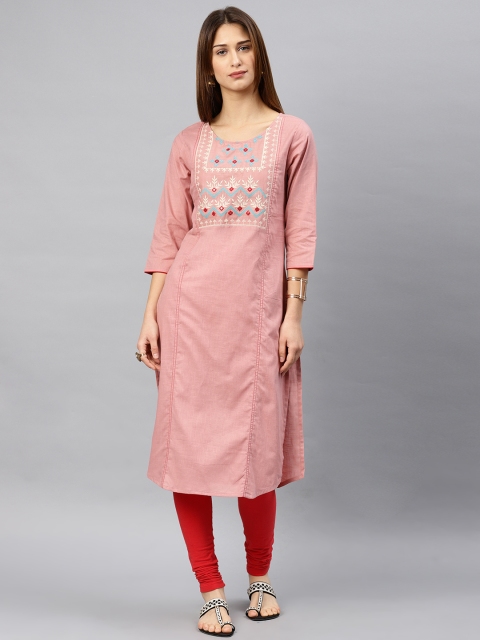 

Alena Women Peach-Coloured Embroidered Straight Kurta