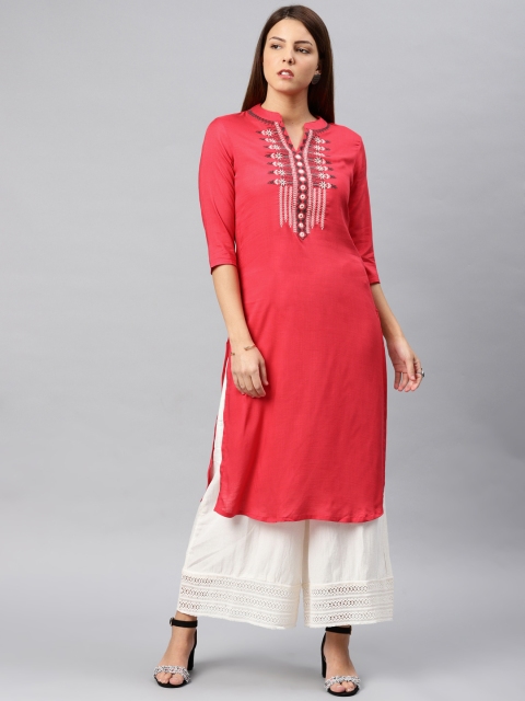 

Alena Women Coral Embroidered Straight Kurta