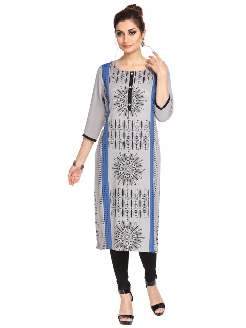

Alena Women Grey & Black Printed Straight Kurta
