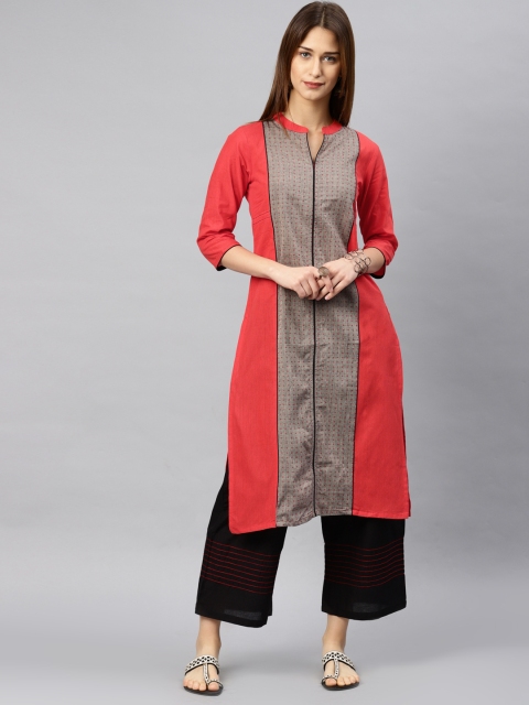 

Alena Women Coral Red Woven Design Straight Kurta