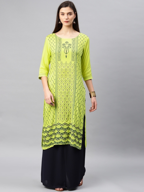 

Alena Women Fluorescent Green Printed A-Line Kurta