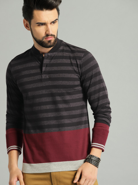 

Roadster Men Charcoal Grey & Maroon Striped Mandarin Collar T-shirt