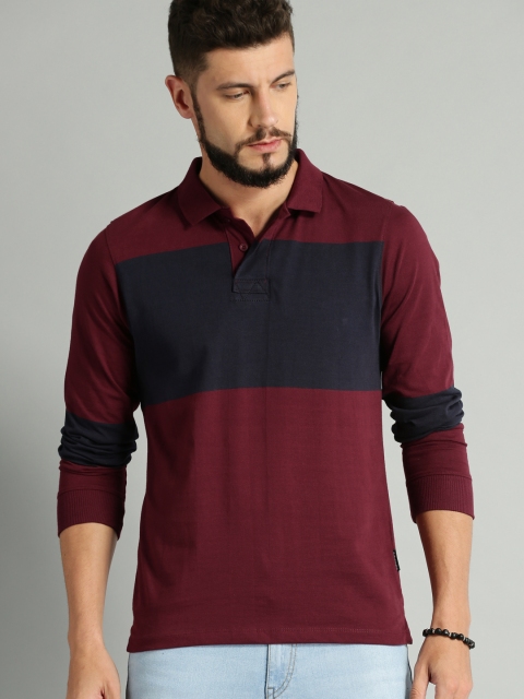 

Roadster Men Maroon & Navy Blue Colourblocked Polo Collar T-shirt