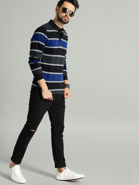 

Roadster Men Black Charcoal Grey Striped Polo Collar Pure Cotton T-shirt