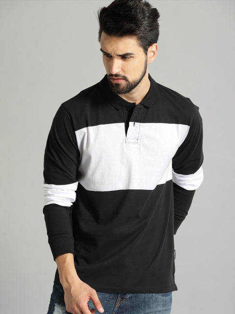 

Roadster Men Black White Colourblocked Polo Pure Cotton T-shirt