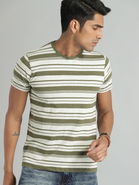 

Roadster Men Off-White & Olive Green Striped Round Neck T-shirt