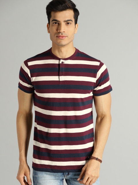 

Roadster Men Burgundy & Navy Blue Striped Henley Neck T-shirt